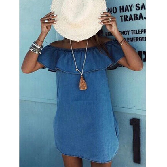 RESTOCKED_  Off Shoulder Denim Ruffle Dress - Picture 2 of 3